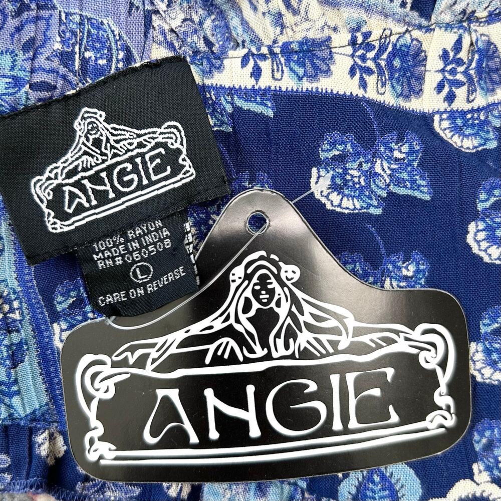 Angie LARGE Blue Bohemian '70s Patchwork Paisley Ruffle Sleeveless Crop Top NWT - Picture 5 of 6